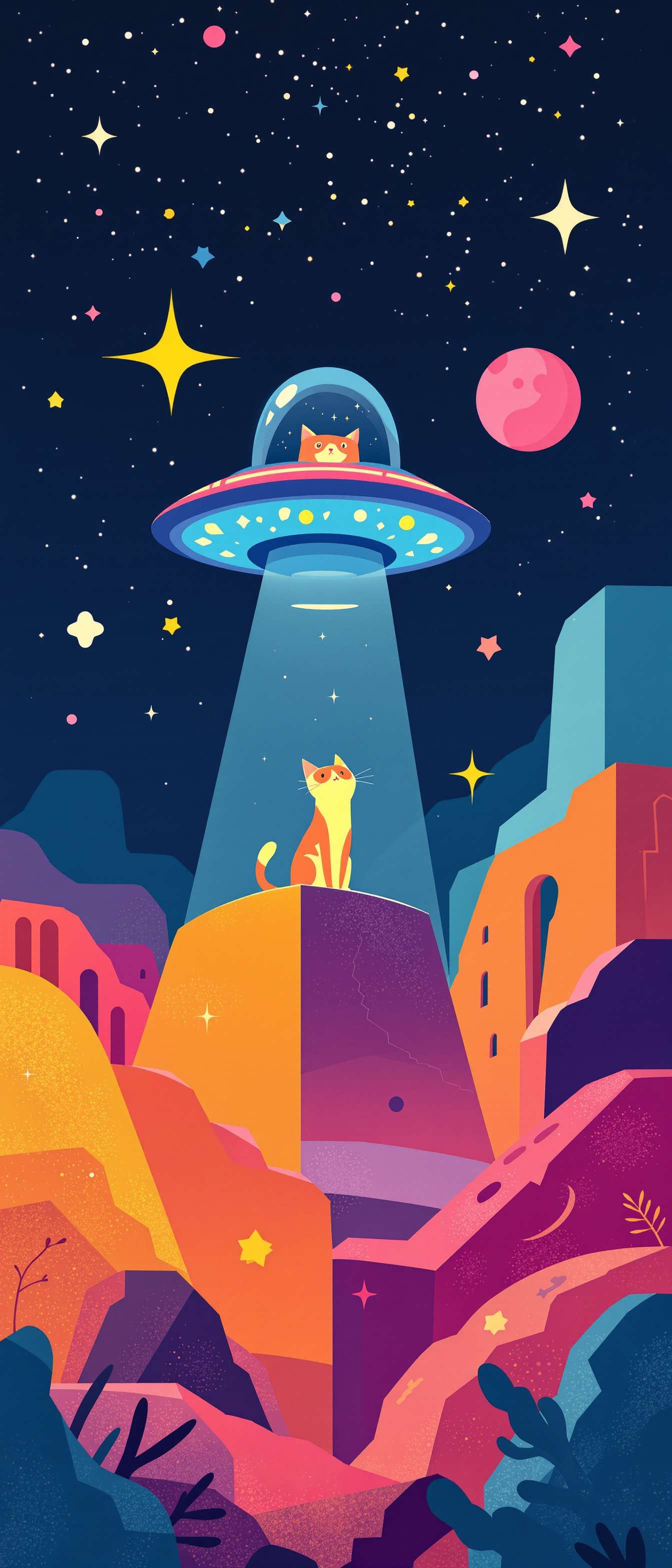 Geometric Cat UFO Abduction Phone Case