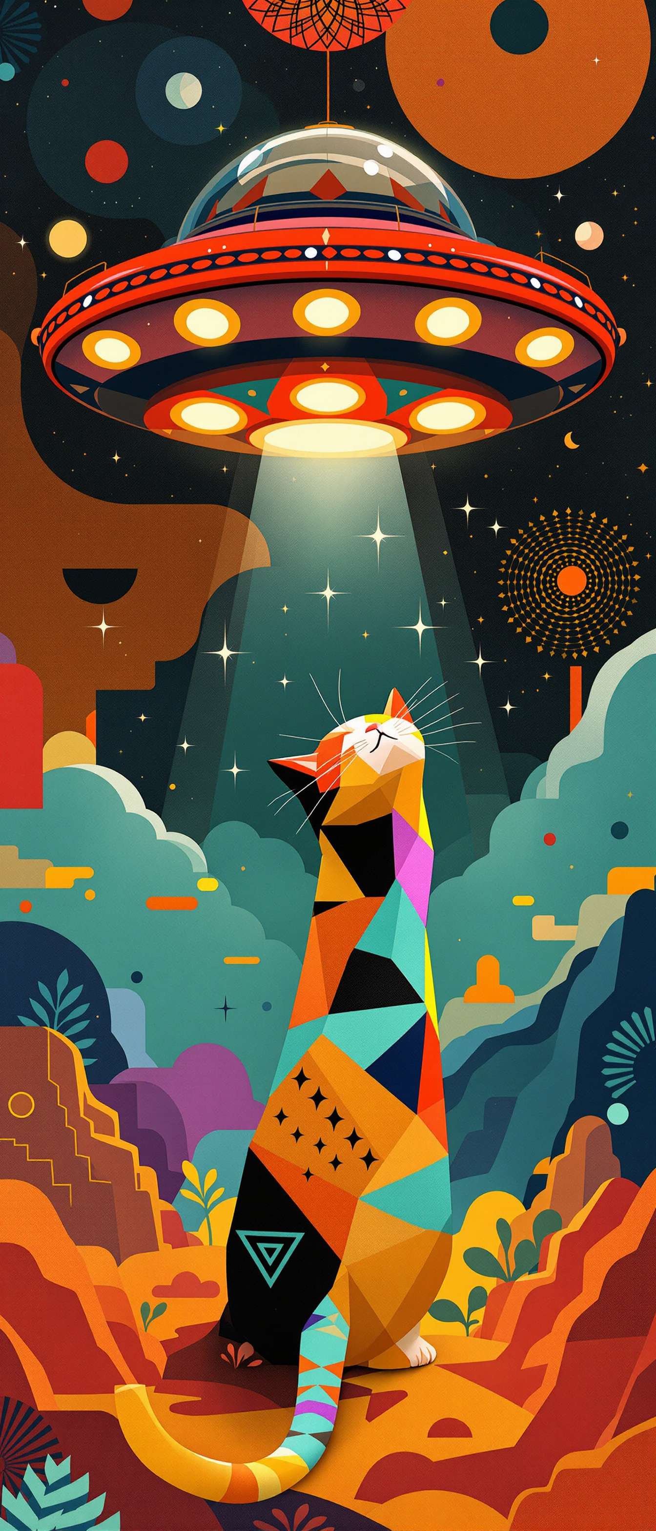 Geometric Cat UFO Abduction Phone Case
