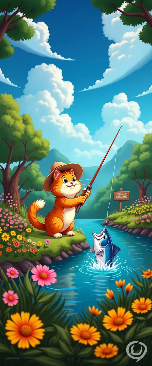 Cartoon Cat Fishing on Riverbank Phone Case Cartoon Cat Fishing on Riverbank Phone Case