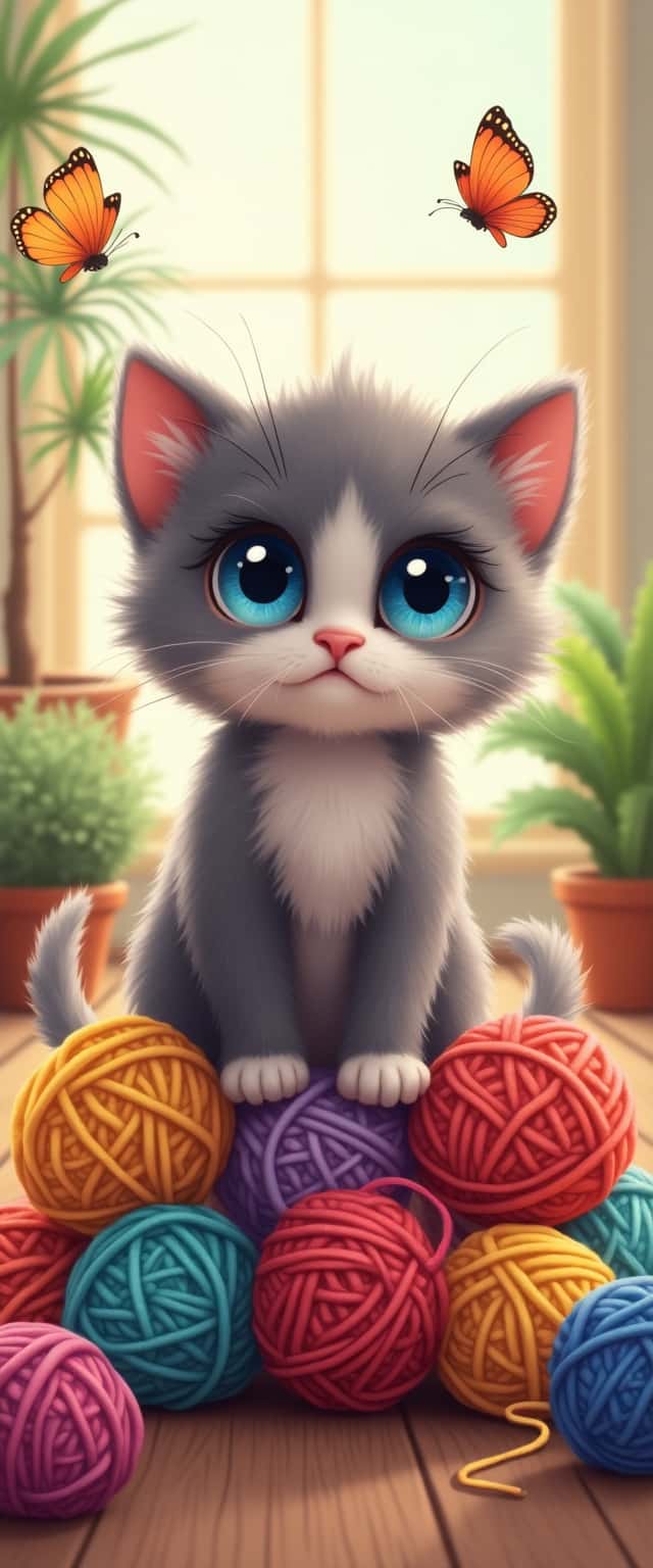 Fluffy Kitten with Yarn Balls Phone Case