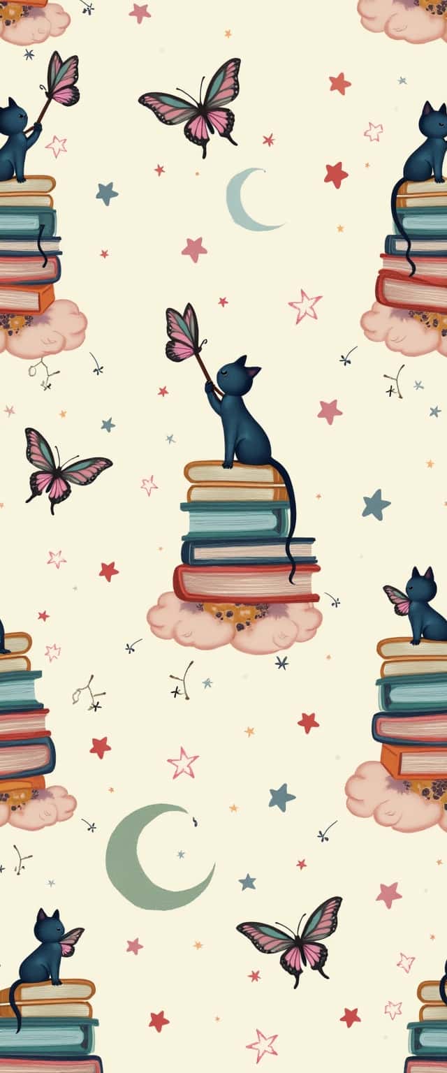 Whimsical Cat on Books Design Phone Case Whimsical Cat on Books Design Phone Case