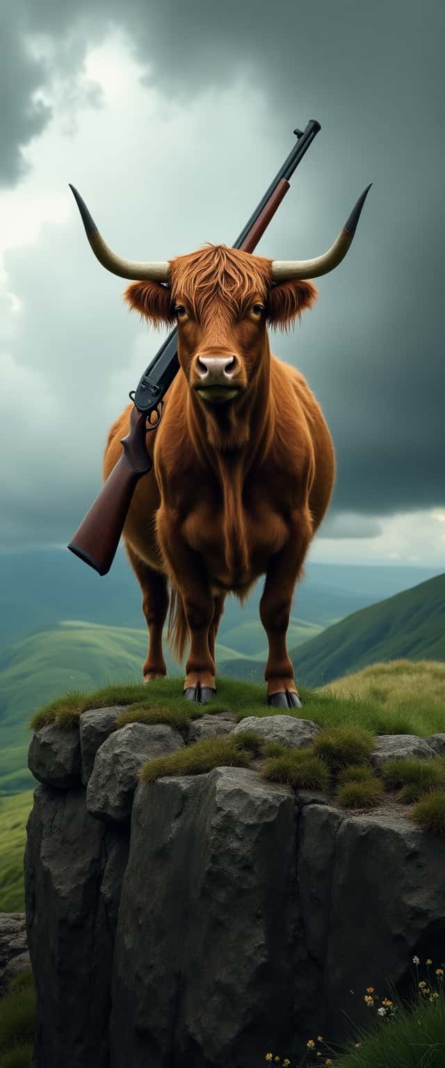 Highland Cow with Shotgun on Cliff Phone Case Highland Cow with Shotgun on Cliff Phone Case