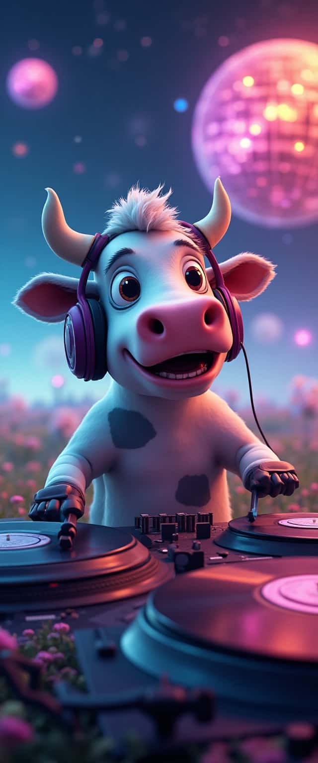 Cartoon Cow DJing Under Stars Phone Case