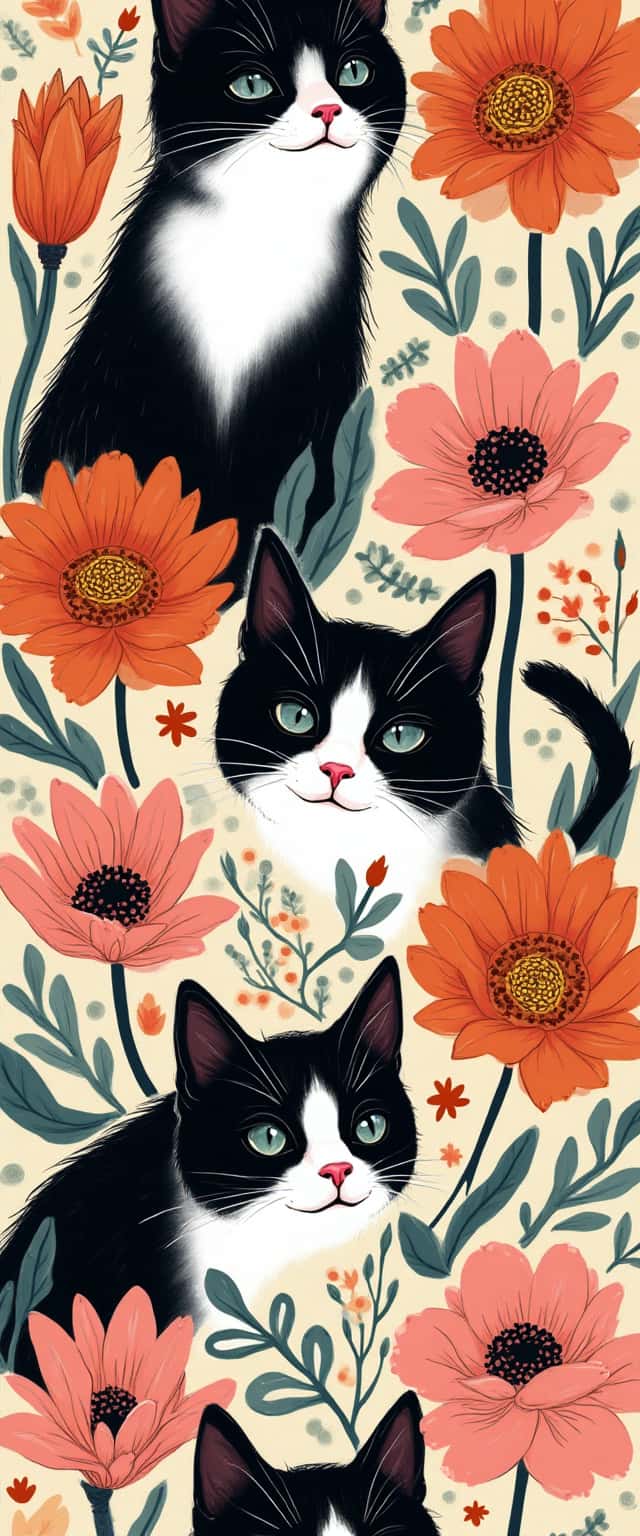 Black and White Cat with Flowers Phone Case