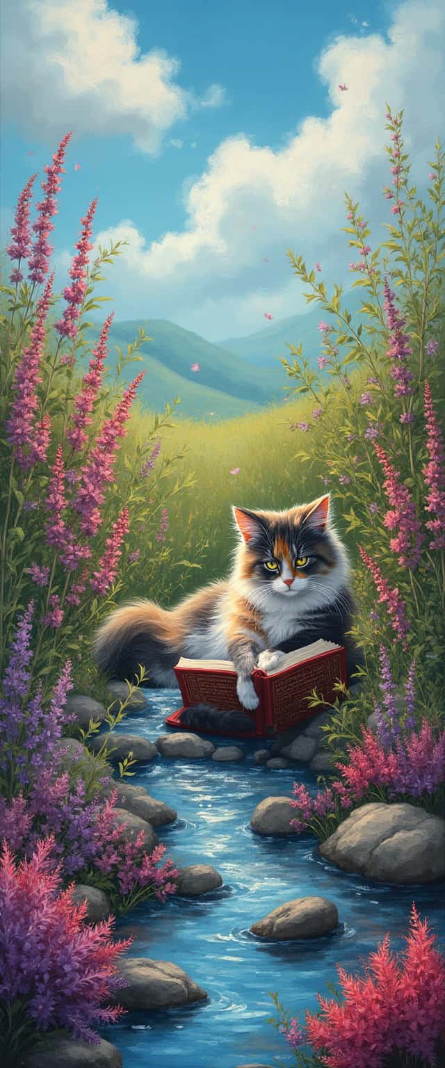Fluffy Cat Reading in Wildflowers Phone Case