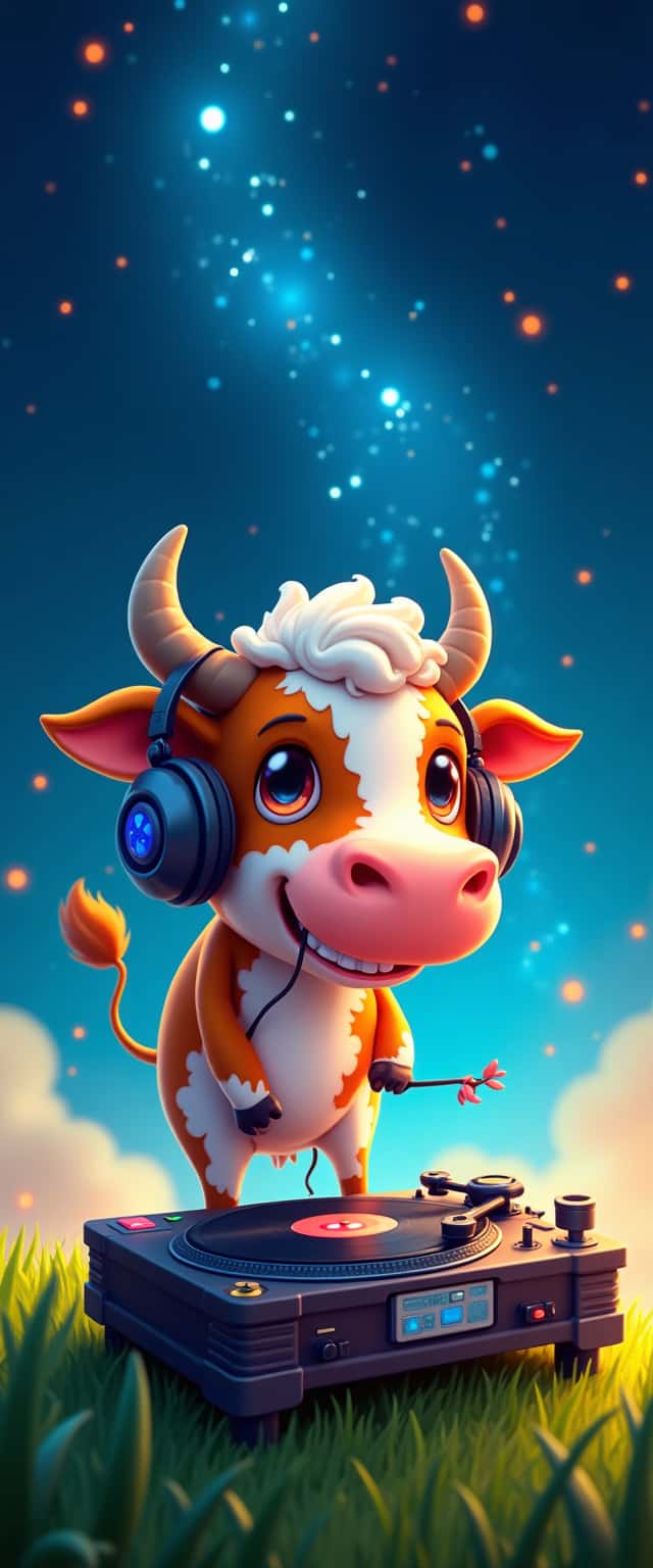 Cartoon Cow DJ with Vinyl Record Player Phone Case